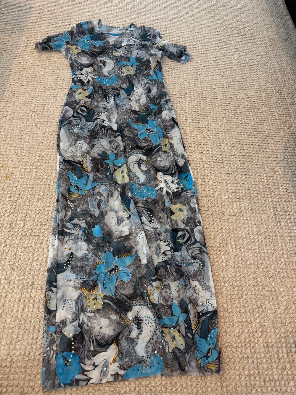 Tory Burch Blue and Gray Mesh Floral-Print Short Sleeve Maxi Dress - Picture 4 of 5